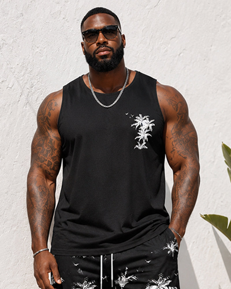 Big & Tall Men’s Black-Base Coconut Tree Print Tank Top And Shorts Set