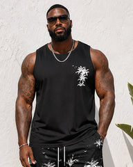 Big & Tall Men’s Black-Base Coconut Tree Print Tank Top And Shorts Set