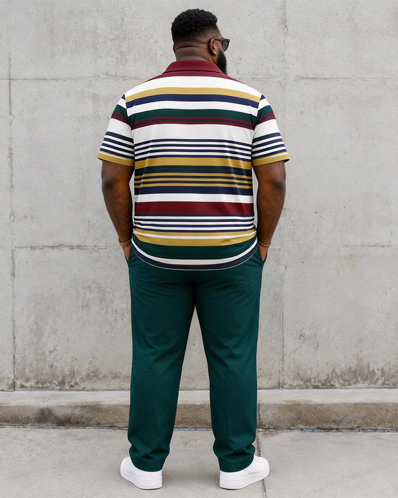 Big & Tall Men’s Retro Multicolor Horizontal Stripe Printed Polo Short-Sleeve Pants Set