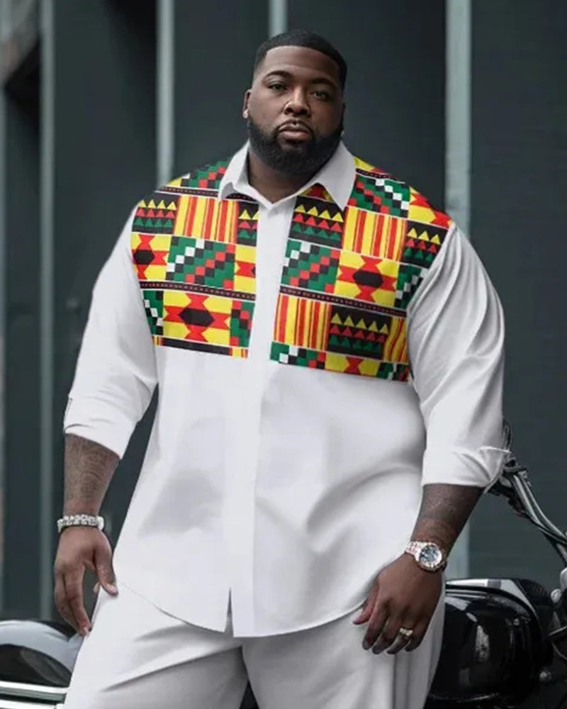 Big & Tall Men's Kent Cloth Patchwork Printed Long Sleeve Shirt Pants Set