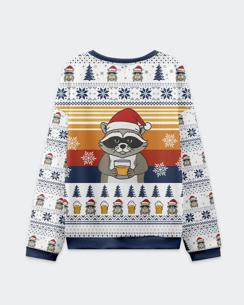 Big & Tall Men's Christmas Raccoon Whiskey Print Crewneck Ugly Sweater