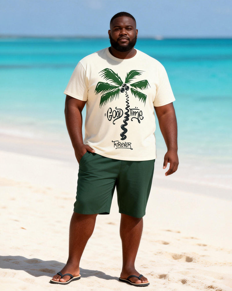 Big & Tall Men's Coconut Tree Graffiti Print Round Neck Short Sleeve T-Shirt Shorts Set