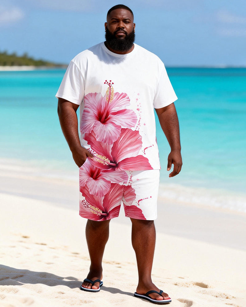 Big & Tall Men's Summer Hibiscus Flower Printed Crewneck Short Sleeve T-Shirt Shorts Set