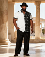 Big & Tall Men's Red And Black Ribbed Contrast Printed Short Sleeve Shirt Pants Set