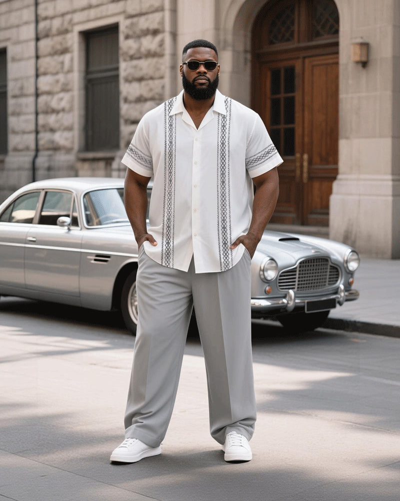 Big & Tall Men's Simple Texture Stripe Printed Short Sleeve Shirt Pants Set