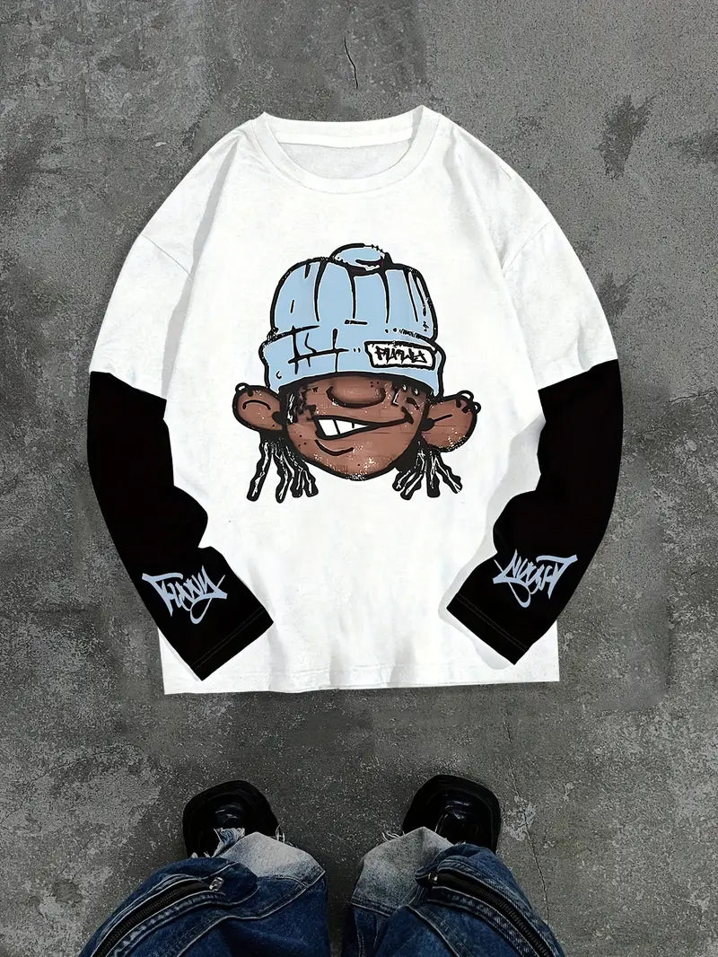 Big & Tall Men's Cartoon Character Printed Fake Two-piece Long Sleeve T-shirt