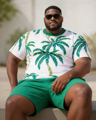 Big & Tall Men’s White Base Green Coconut Tree Print Crew Neck Short-Sleeve T-Shirt And Shorts Set