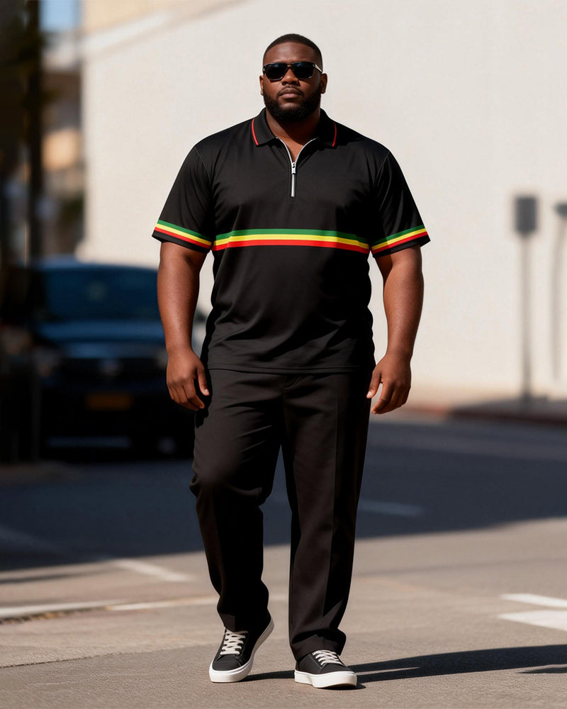 Big & Tall Men's Red, Yellow And Green Contrast Printed Zipper Polo Short Sleeve Trousers Set