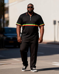 Big & Tall Men's Red, Yellow And Green Contrast Printed Zipper Polo Short Sleeve Trousers Set