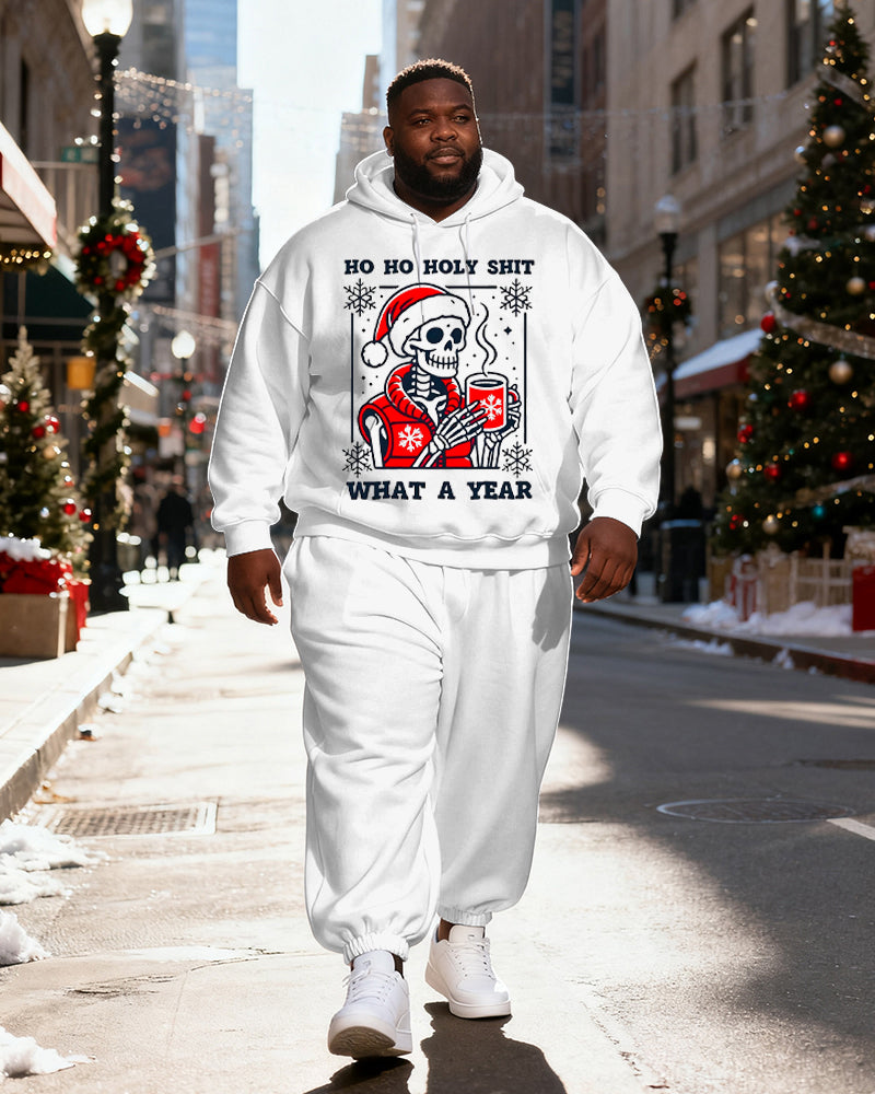 Big & Tall Men's White Skull Santa Claus "HO HO HOLY SHIT WHAT A YEAR" Print Hoodie Set