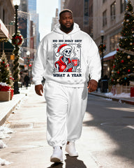 Big & Tall Men's White Skull Santa Claus "HO HO HOLY SHIT WHAT A YEAR" Print Hoodie Set
