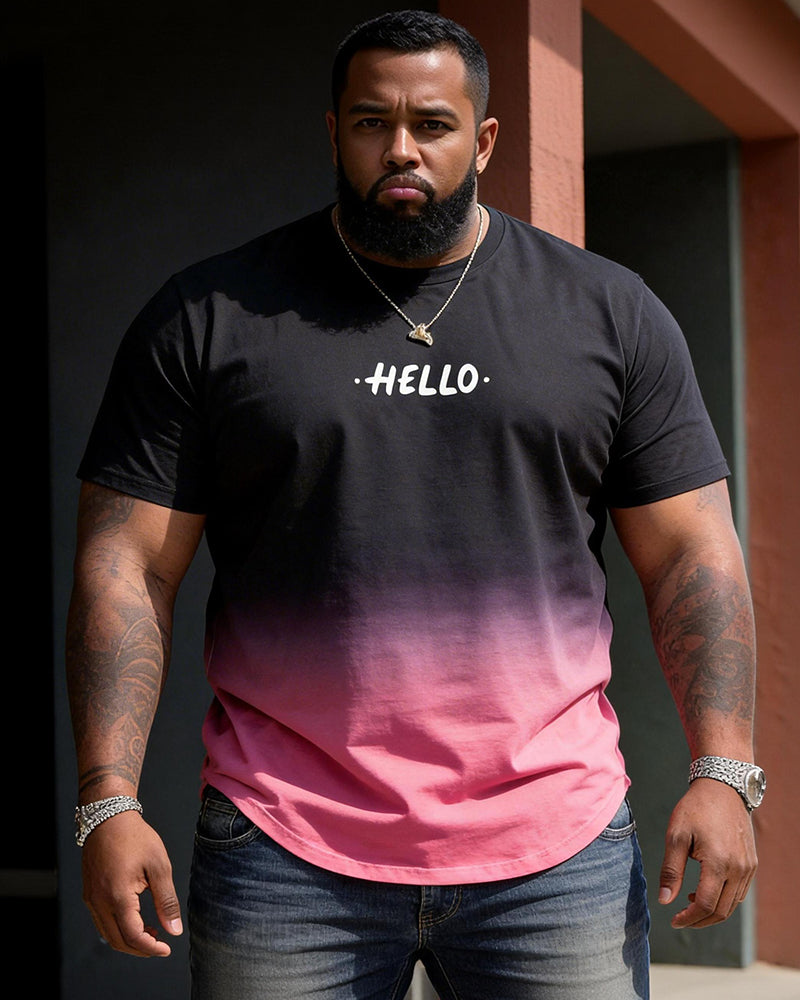 Big & Tall Men's Black And Pink Ombre HELLO Letter Print Crewneck Short-Sleeve T-Shirt