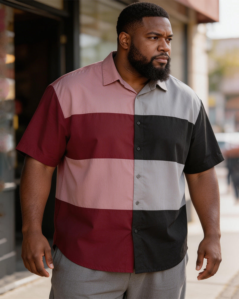 Big & Tall Men's Wine Red Gray Black Striped Printed Short Sleeve Shirt