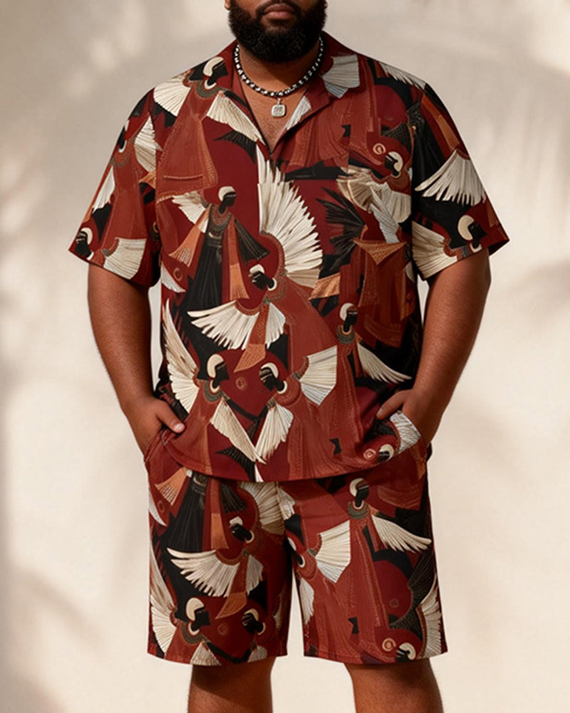 Big & Tall Men's Red Bottom Totem Retro Printed Short Sleeve Shirt Shorts Set