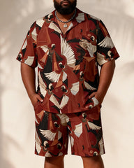 Big & Tall Men's Red Bottom Totem Retro Printed Short Sleeve Shirt Shorts Set
