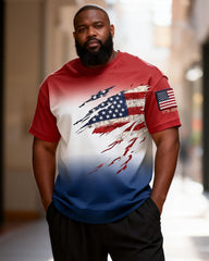 Big & Tall Men's Red, White And Blue Gradual Tear American Flag Printed Round Neck Short Sleeve T-Shirt