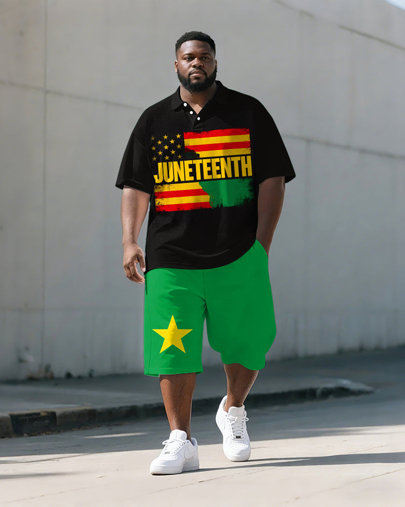 Big & Tall Men's Juneteenth Flag Reggae Color Print POLO Short Sleeve Shorts Set
