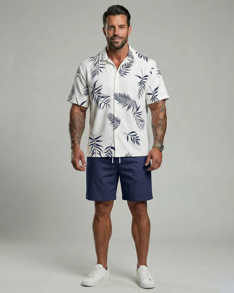Men's Leaf Print Drawstring Waist Loose Shorts Set