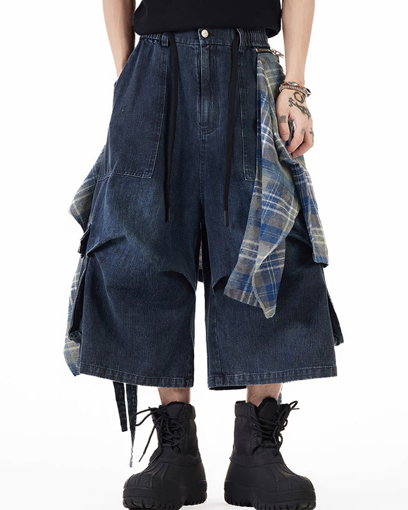 Big & Tall Men's Removable Plaid Decorative Cropped Jeans S-3XL