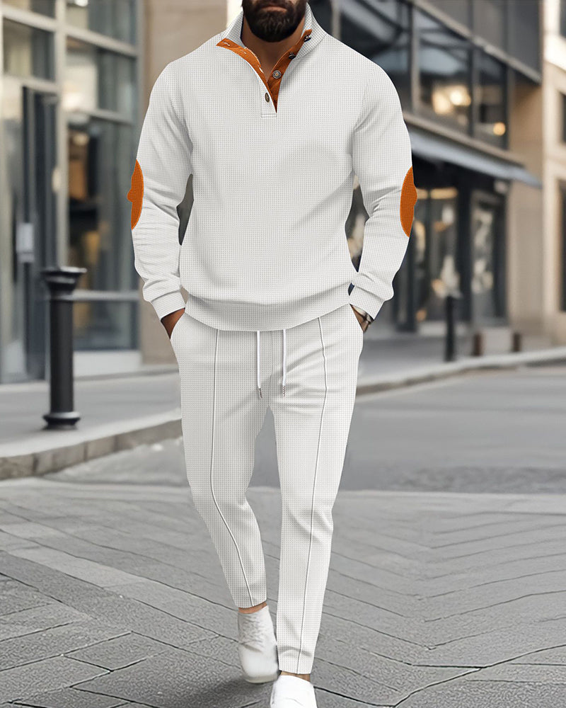 Big & Tall Men's Waffle Half Zipper Stand Collar Long Sleeve Trousers Set S-3XL