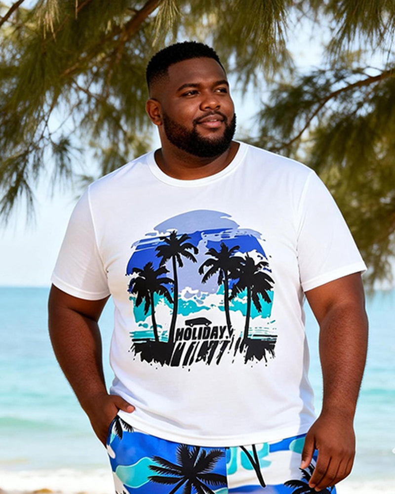 Big & Tall Men's Blue And White Coconut Print Round Neck Short Sleeve T-Shirt Shorts Set
