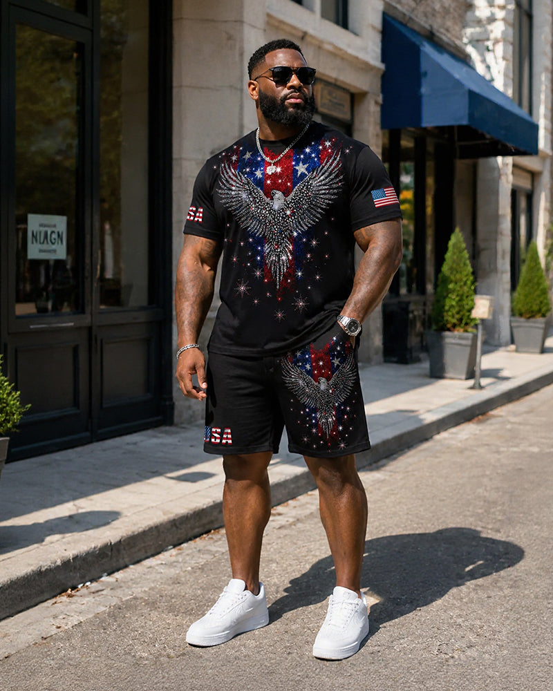 Big & Tall Men's Black Bottom American Flag Eagle Print Crewneck Short Sleeve T-Shirt Shorts Set