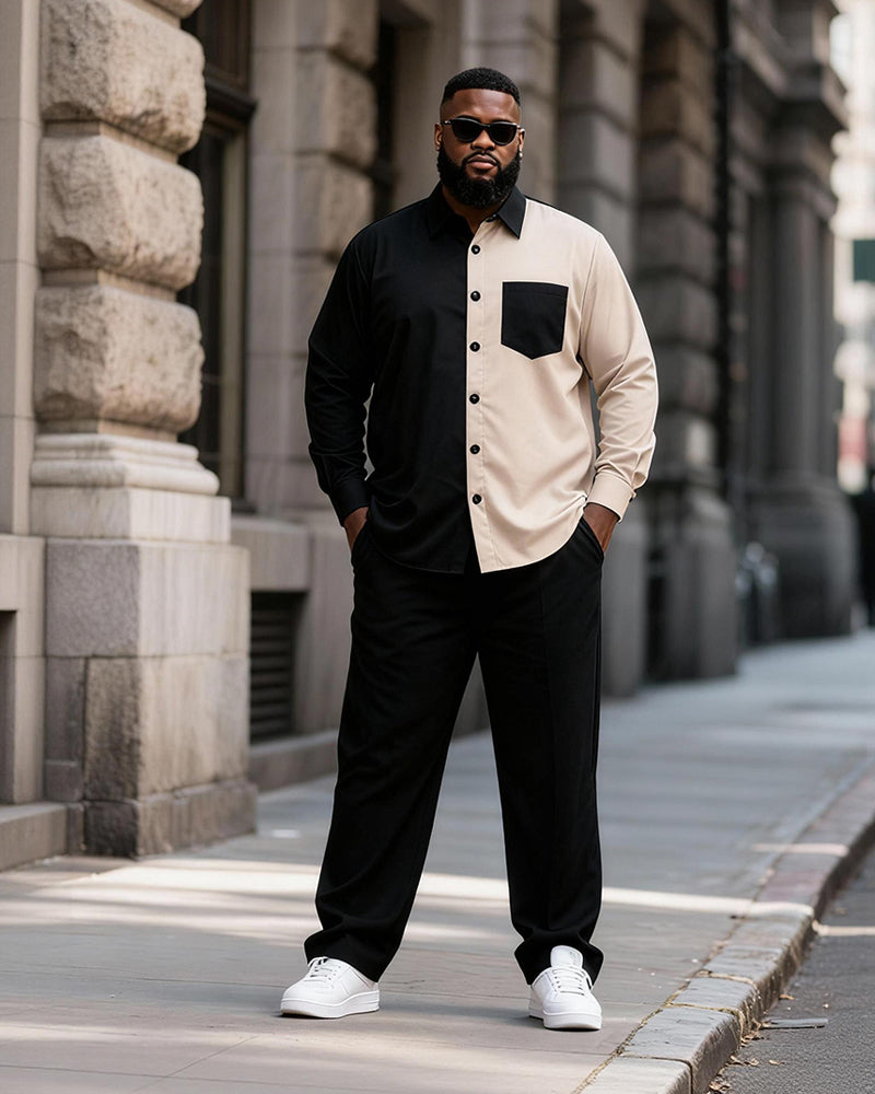 Big & Tall Men's Black Apricot Contrast Printed Long Sleeve Shirt Pants Set