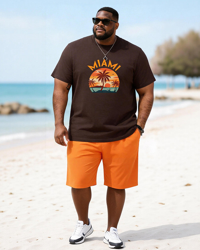 Big & Tall Men's MIAMI Coconut Tree Sunset Print Round Neck Short Sleeve T-Shirt Shorts Set