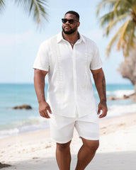 Big & Tall Men's White Exquisite Lace Print Short Sleeve Shirt Shorts Set