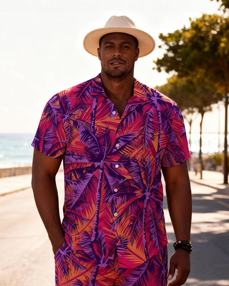 Big & Tall Men's Brown Coconut Retro Printed Short Sleeve Shirt Shorts Set