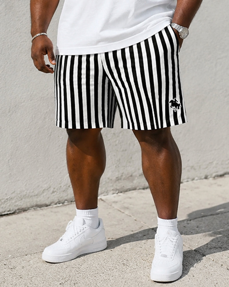 Big & Tall Men's Contrast Black Pony Stripe Print Crewneck Short Sleeve T-Shirt Shorts Set