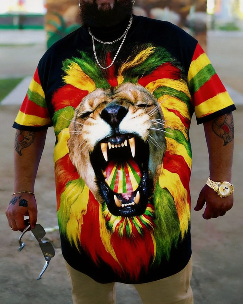 Big & Tall Men's Reggae Color Lion Head Printed Round Neck Short Sleeve T-Shirt