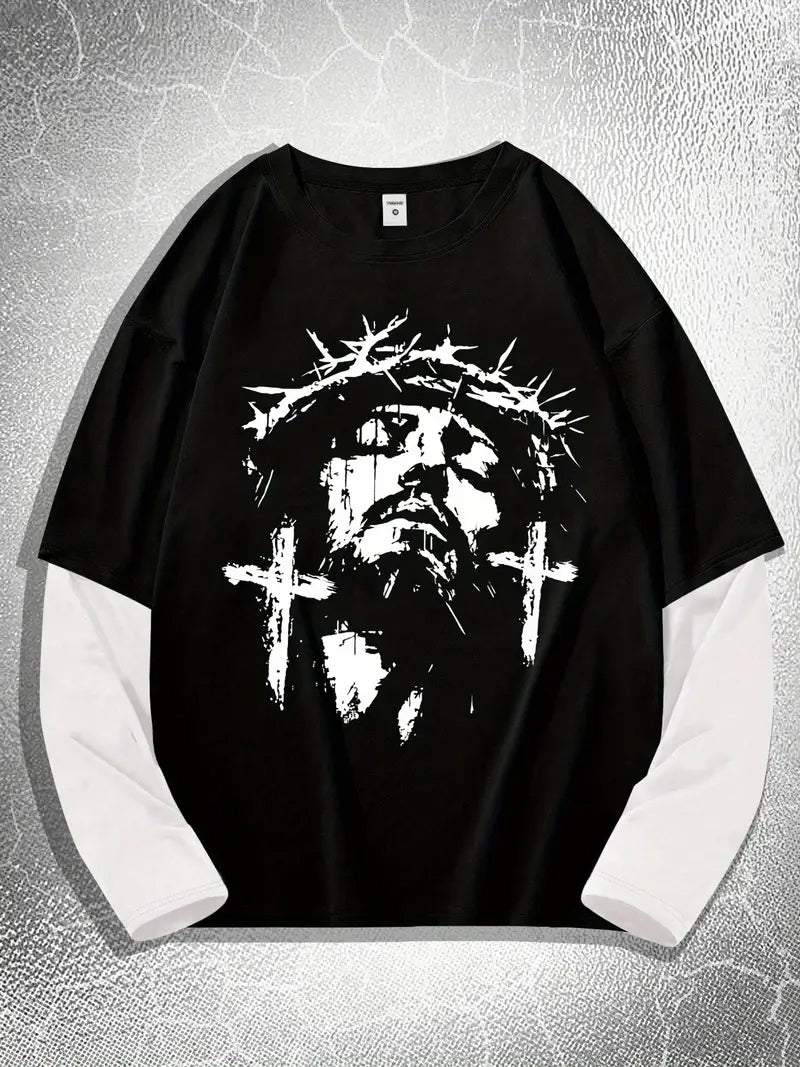 Big & Tall Men's Religious Thorn Head Printed Fake Two Long Sleeve T-Shirts