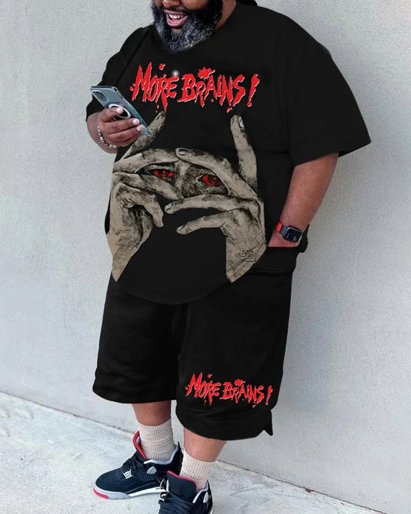 Big & Tall Men's Black Bottom Dark Letter Print Round Neck Short Sleeve T-Shirt Shorts Set