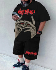 Big & Tall Men's Black Bottom Dark Letter Print Round Neck Short Sleeve T-Shirt Shorts Set