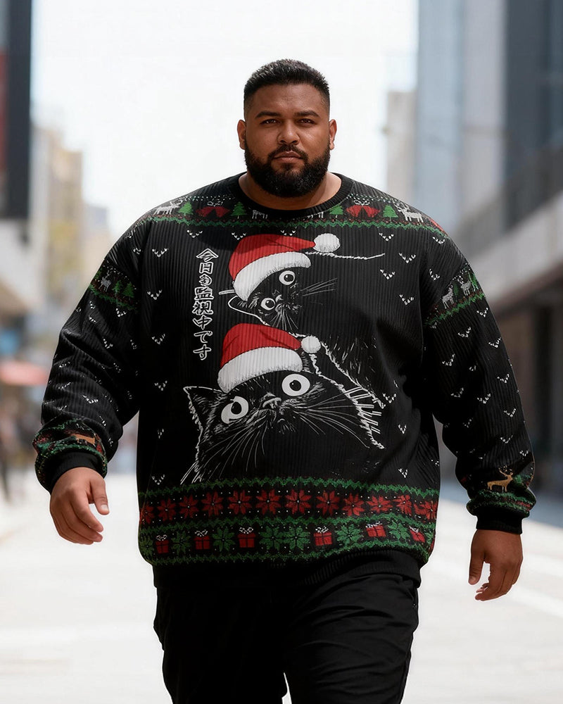 Big & Tall Men's Christmas Black Cat Graffiti Print Crewneck Ugly Sweater
