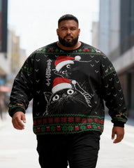 Big & Tall Men's Christmas Black Cat Graffiti Print Crewneck Ugly Sweater