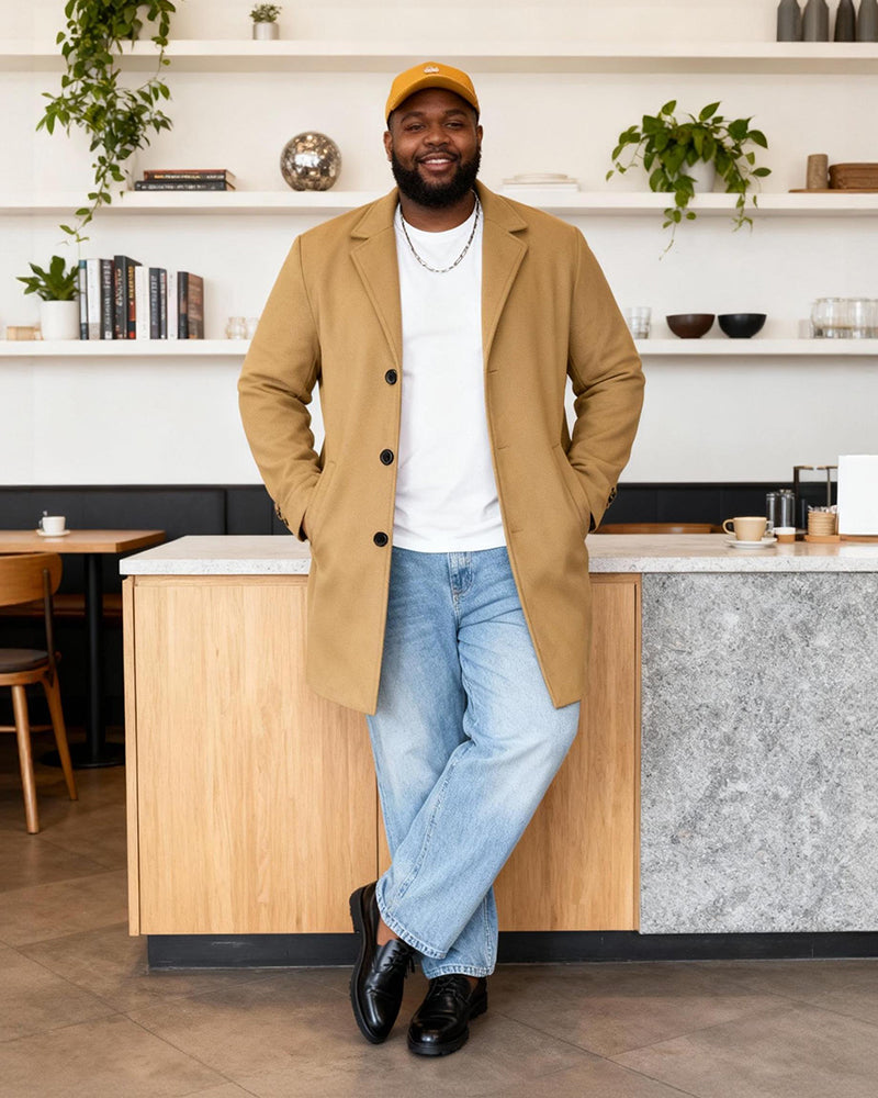 Big & Tall Men's Solid Color Wool Mid-length Trench Coat S-3XL