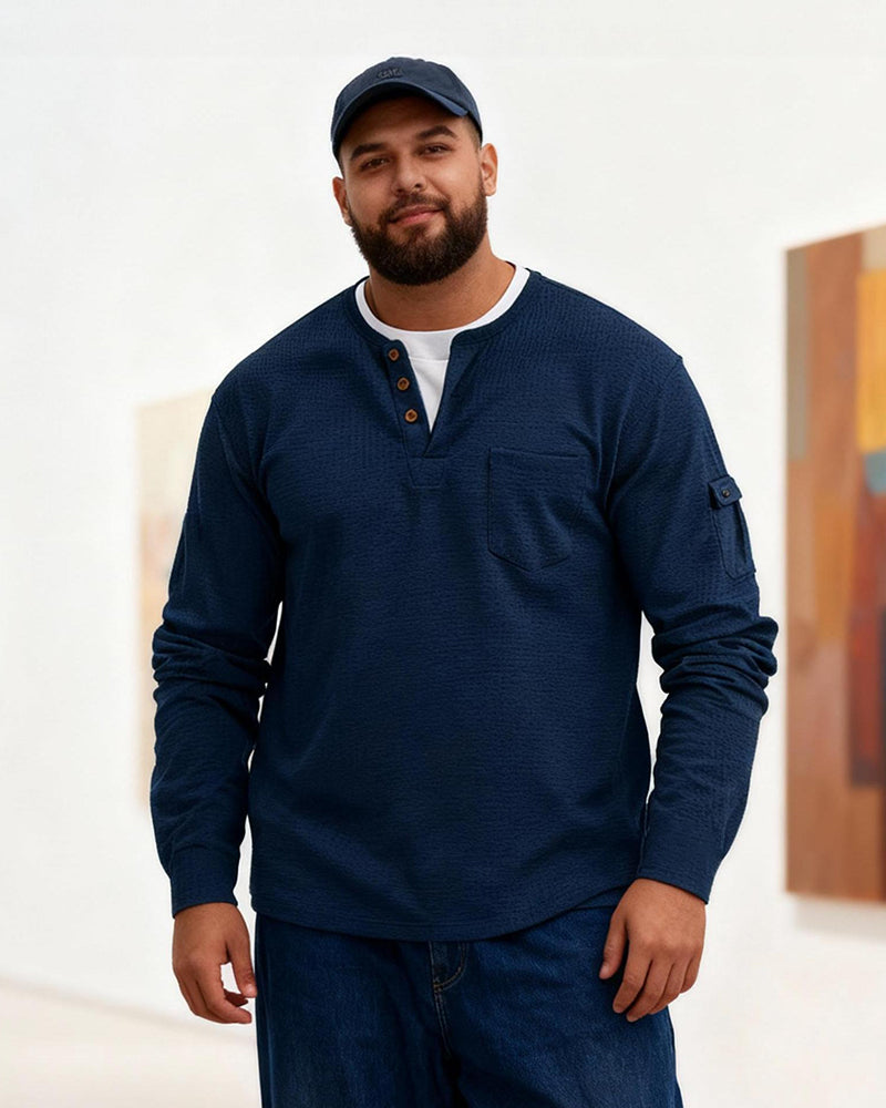 Big & Tall Men's Solid Color Fake Two-Piece V-Neck Waffled Long-Sleeved T-Shirt S-2XL