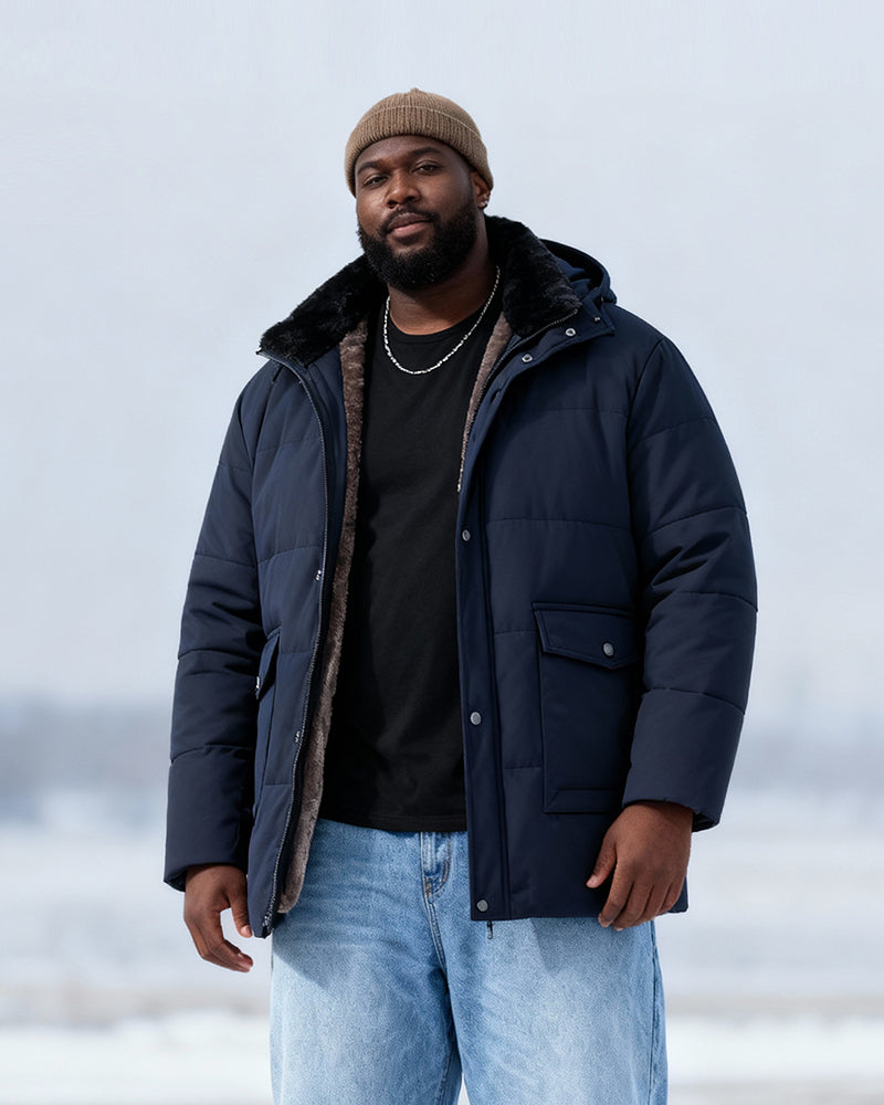 Big & Tall Men's Solid Color Padded Hooded Long Cotton-padded Jacket Coat M-8XL