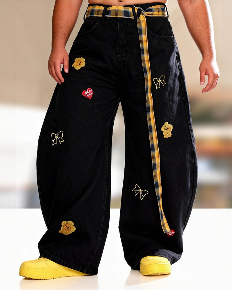 Big & Tall Men's Cartoon Embroidered Loose Jeans With Plaid Belt  S-3XL