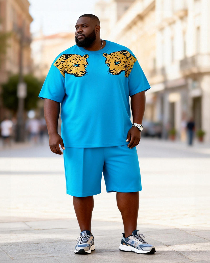 Big & Tall Men's Double Leopard Head Pure Blue Printed Crew Neck Short Sleeve T-shirt Shorts Set