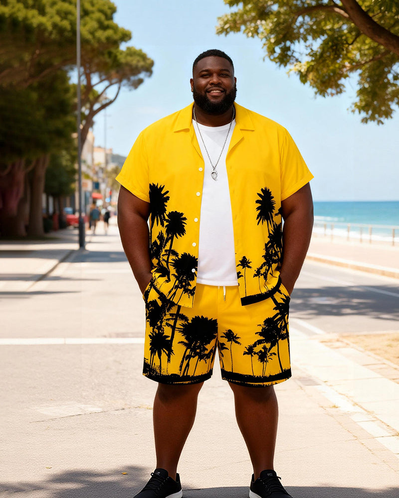 Big & Tall Men's Bright Yellow Coconut Printed Short Sleeve Shirt Shorts Set
