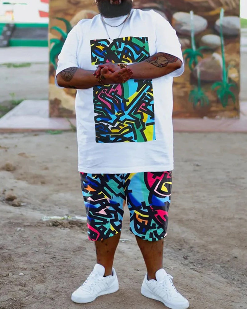 Big & Tall Men's White Bottom Fine Color Geometric Graffiti Print Crewneck Short Sleeve T-Shirt Shorts Set