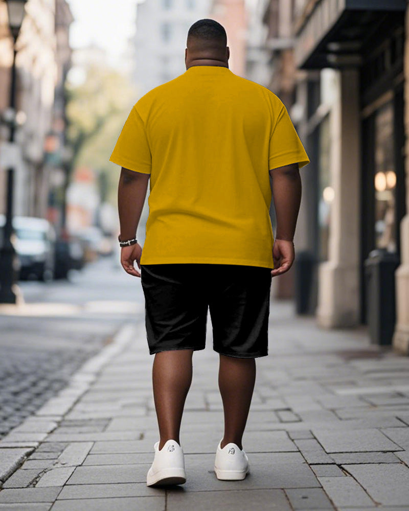Men's Plus Size Black And Yellow Skull Print Short-sleeved T-shirt Shorts Suit