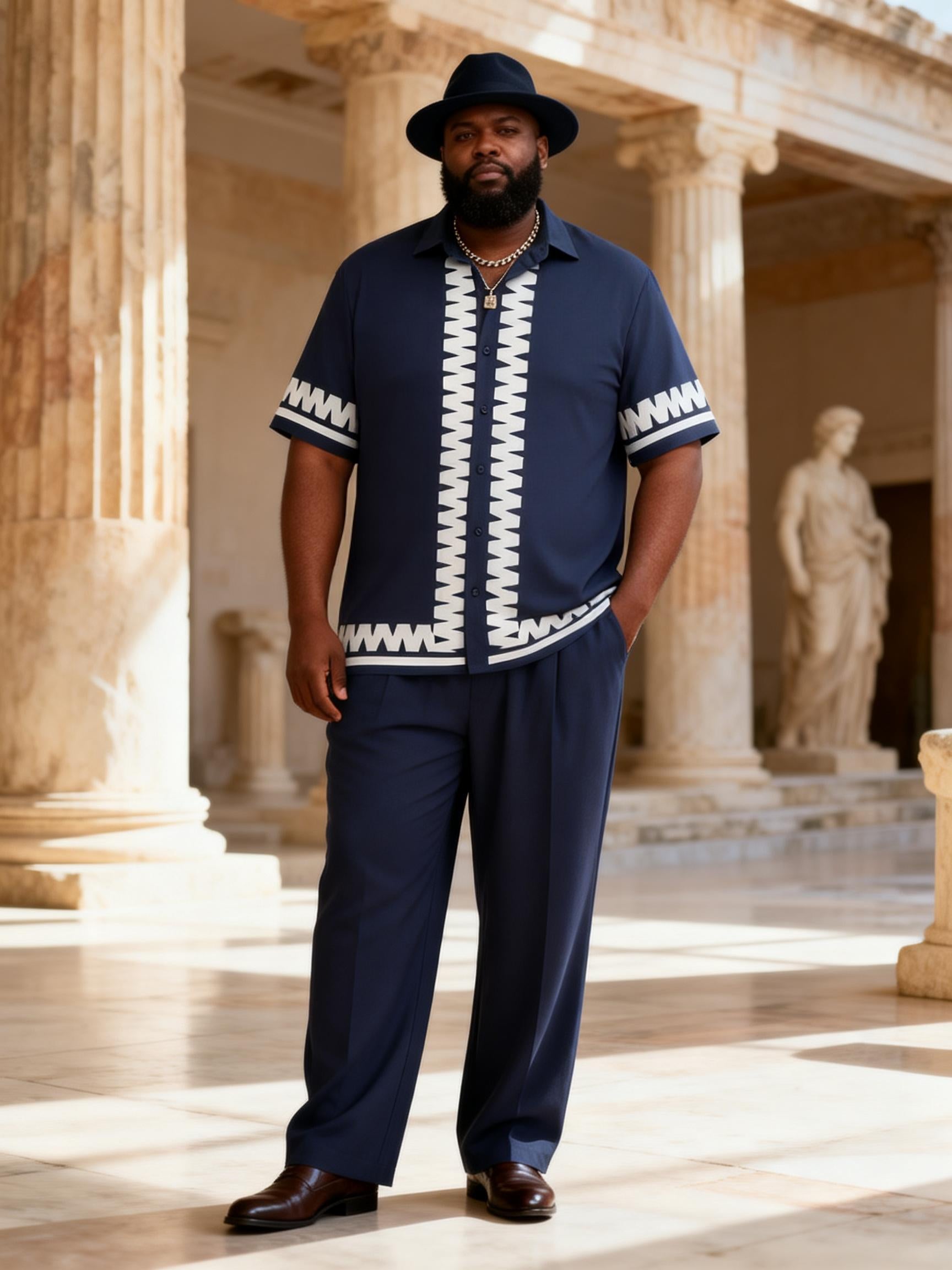 Big & Tall Men's Navy Blue Wavy Print Short Sleeve Shirt Trousers Set