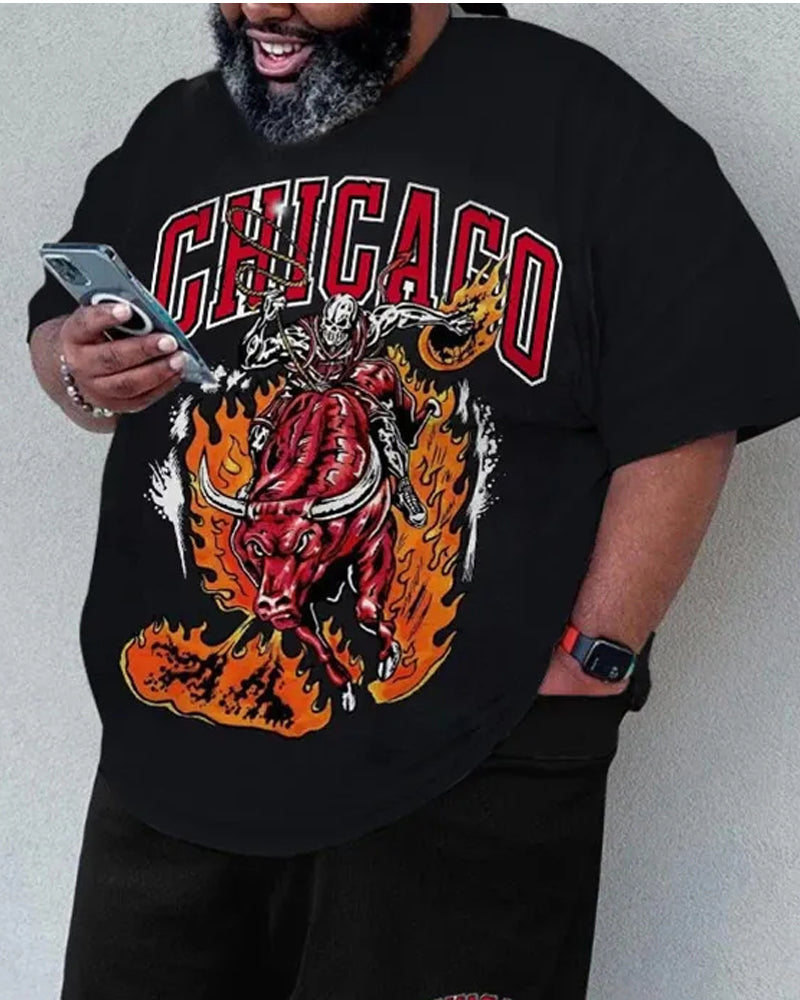 Big & Tall Men's Black Flame Letter Print Round Neck Short Sleeve T-Shirt Shorts Set