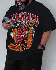 Big & Tall Men's Black Flame Letter Print Round Neck Short Sleeve T-Shirt Shorts Set