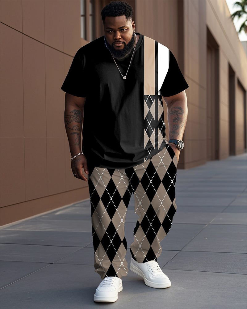 Big & Tall Men's Retro Black And Brown Stitching Geometric Rhombus Printed T-shirt Trousers Set