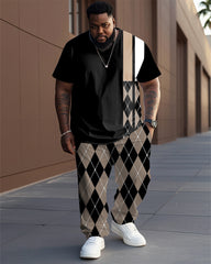 Big & Tall Men's Retro Black And Brown Stitching Geometric Rhombus Printed T-shirt Trousers Set